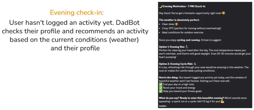 Evening check-in: DadBot suggests a run or a cycle ride.