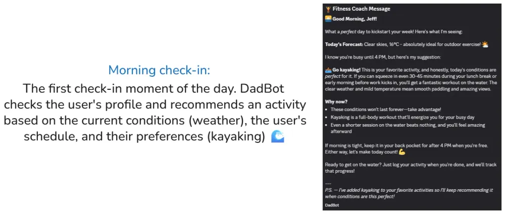 Morning check-in: DadBot recommends an activity based on the weather, schedule, and preferences (kayaking).